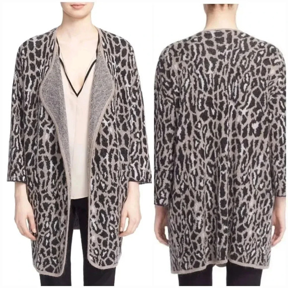 Joie, Berit Animal Print Open Front Mohair Wool Blend Longline Cardigan, XS - Picture 1 of 15